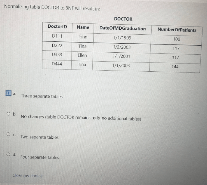 Solved Normalizing table DOCTOR to 3NF will result in