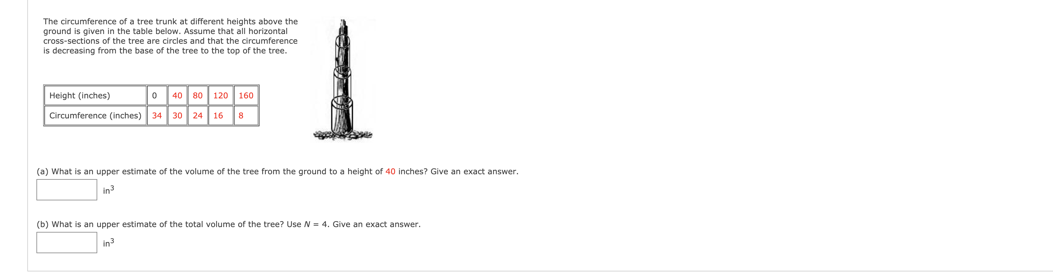 Solved The circumference of a tree trunk at different