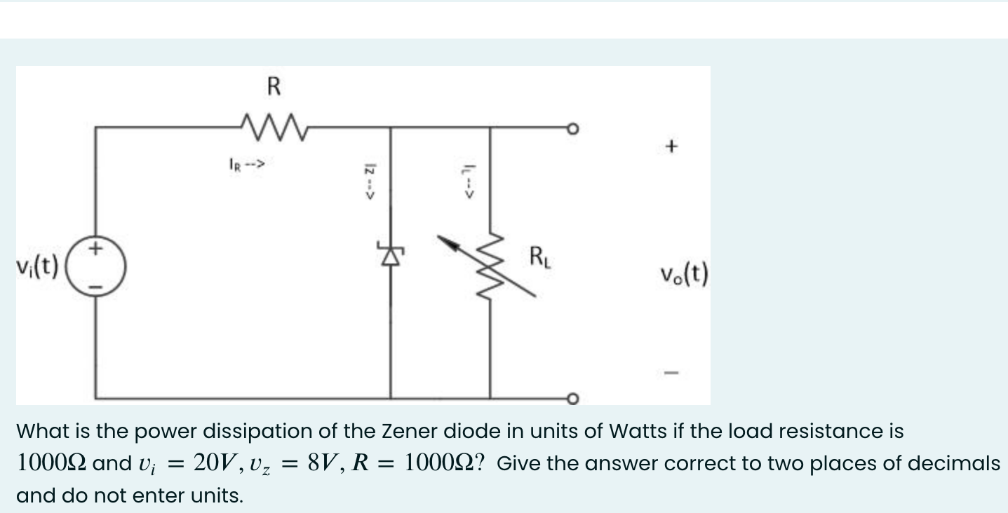 Solved What is the power dissipation of the Zener diode in