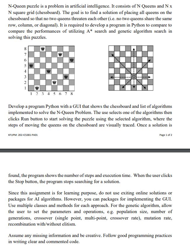 Solved NQueen puzzle is a problem in artificial