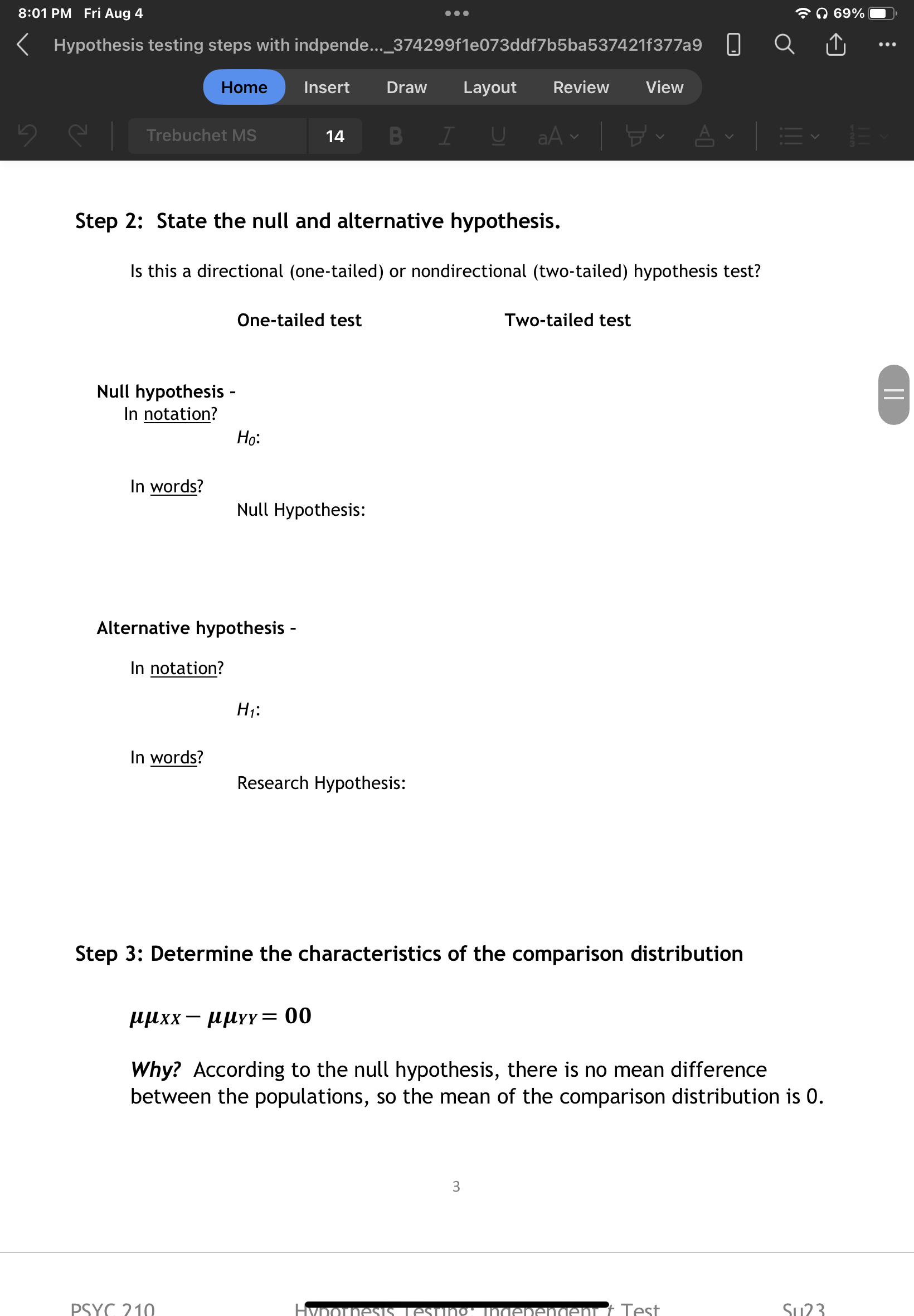 Solved PSYC 210 Hypothesis Testing Independent t Test Su23
