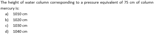 Solved The height of water column corresponding to a | Chegg.com
