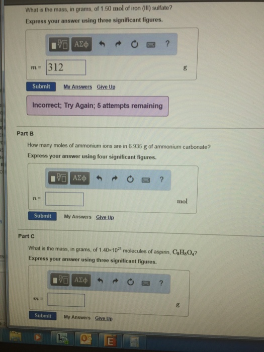 Solved What is the mass, in grams, of 1.50 mol of iron (III)