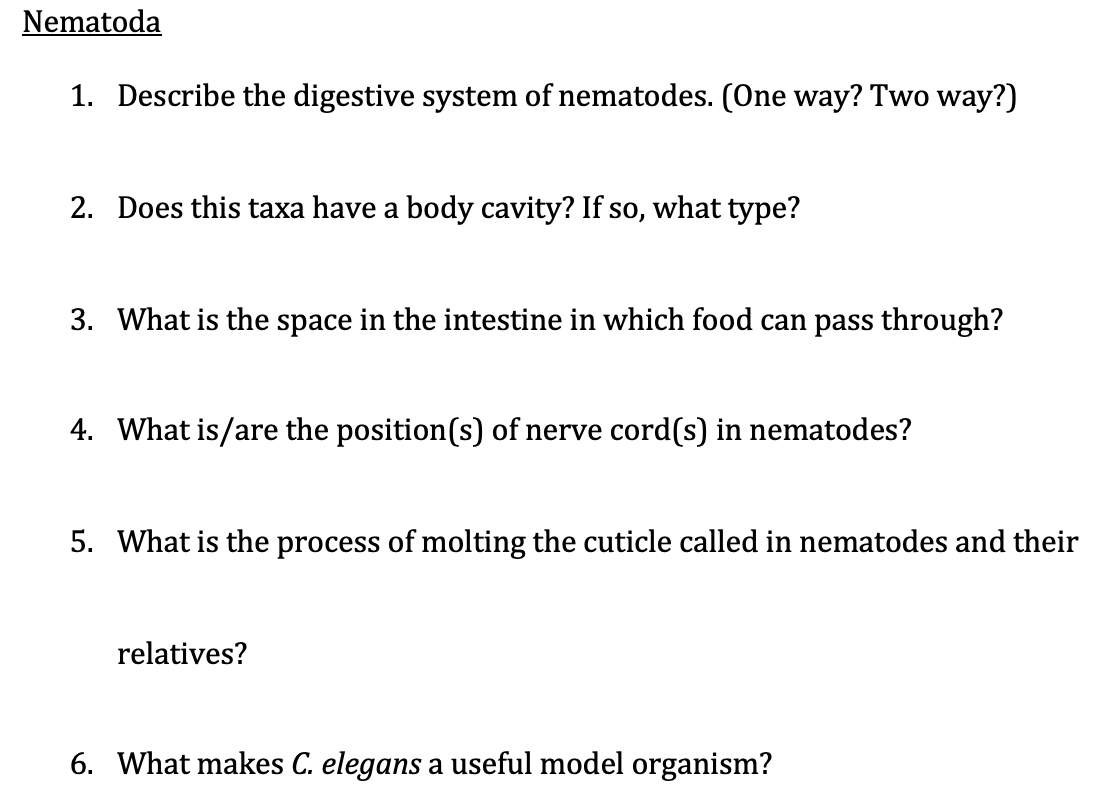 Solved 1. Describe the digestive system of nematodes. (One | Chegg.com