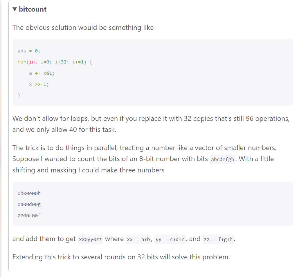 Solved bitcount set y to the number of bits in x that are 1