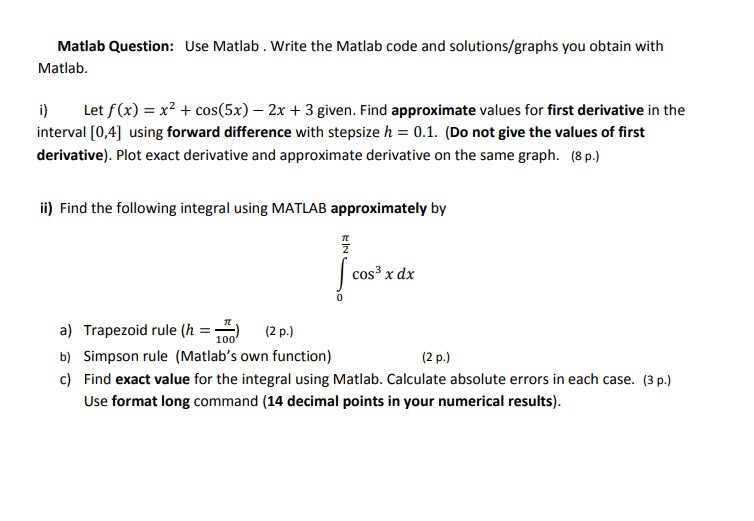 Solved Matlab Question Use Matlab . Write the Matlab code