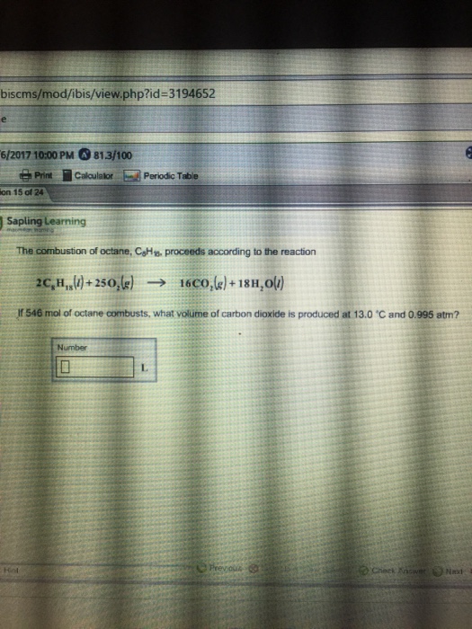 Write a balanced equation for the combustion of octane