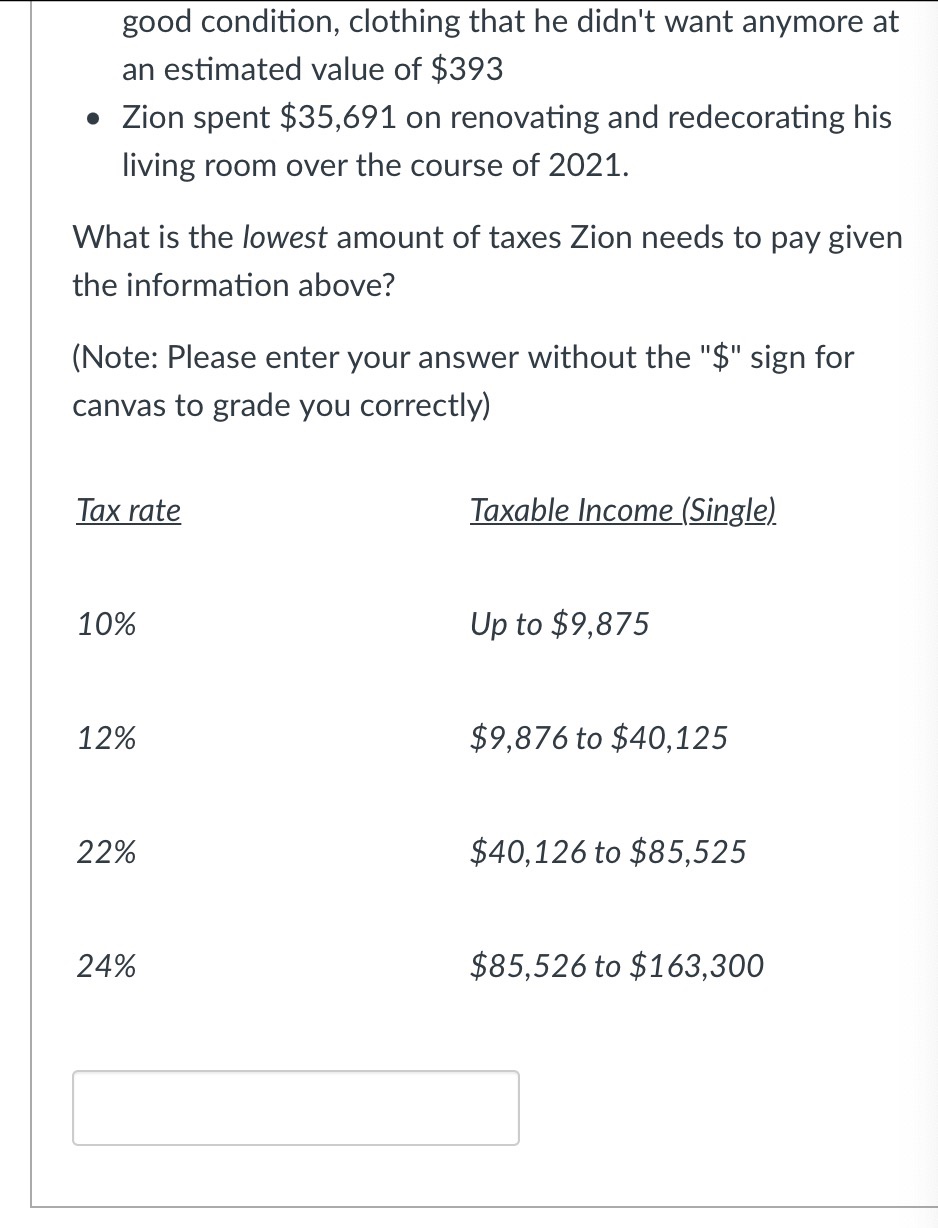 Solved Zion is trying to calculate the lowest taxes he can