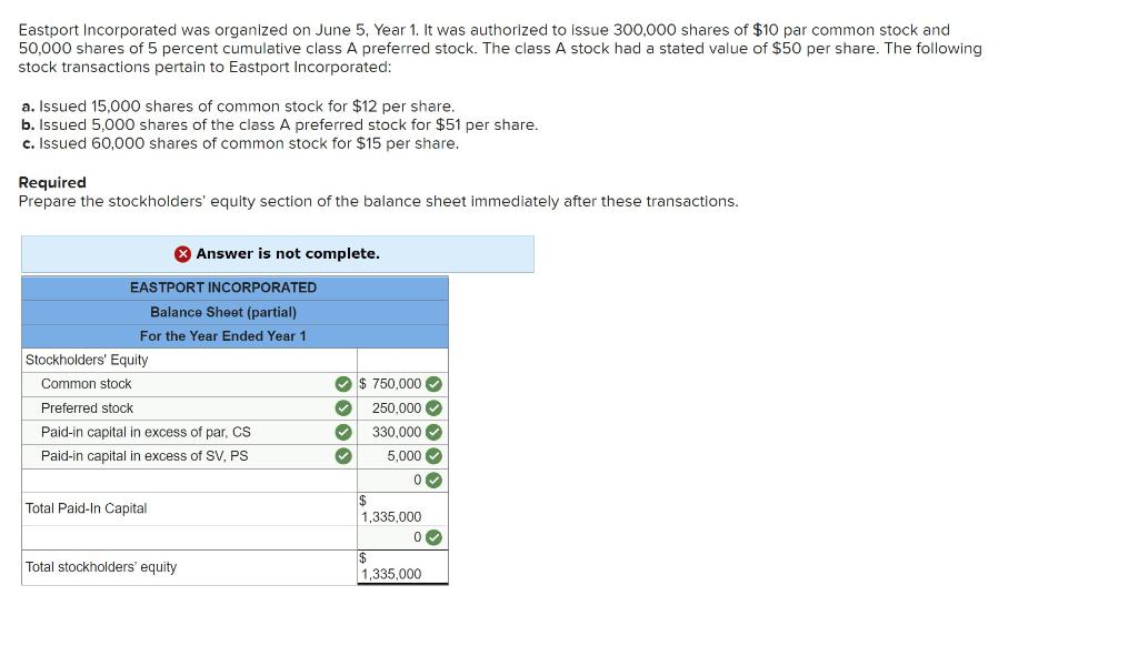 Solved Eastport Incorporated was organized on June 5, Year