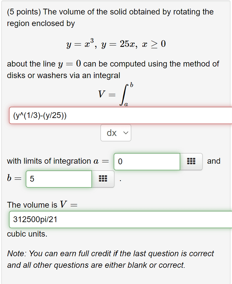 Solved 5 points The volume of the solid obtained by