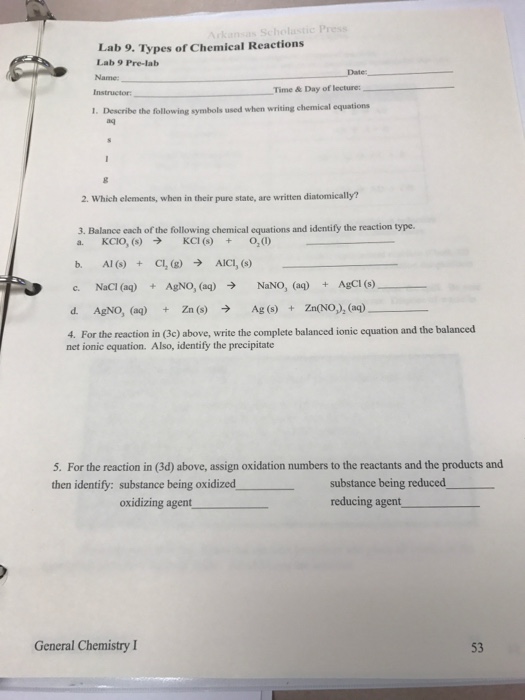 Solved Sc Lab 9. Types Of Chemical Reactions Lab 9 Prela...