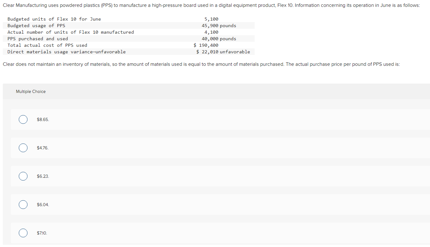 Solved Clear Manufacturing uses powdered plastics (PPS) to