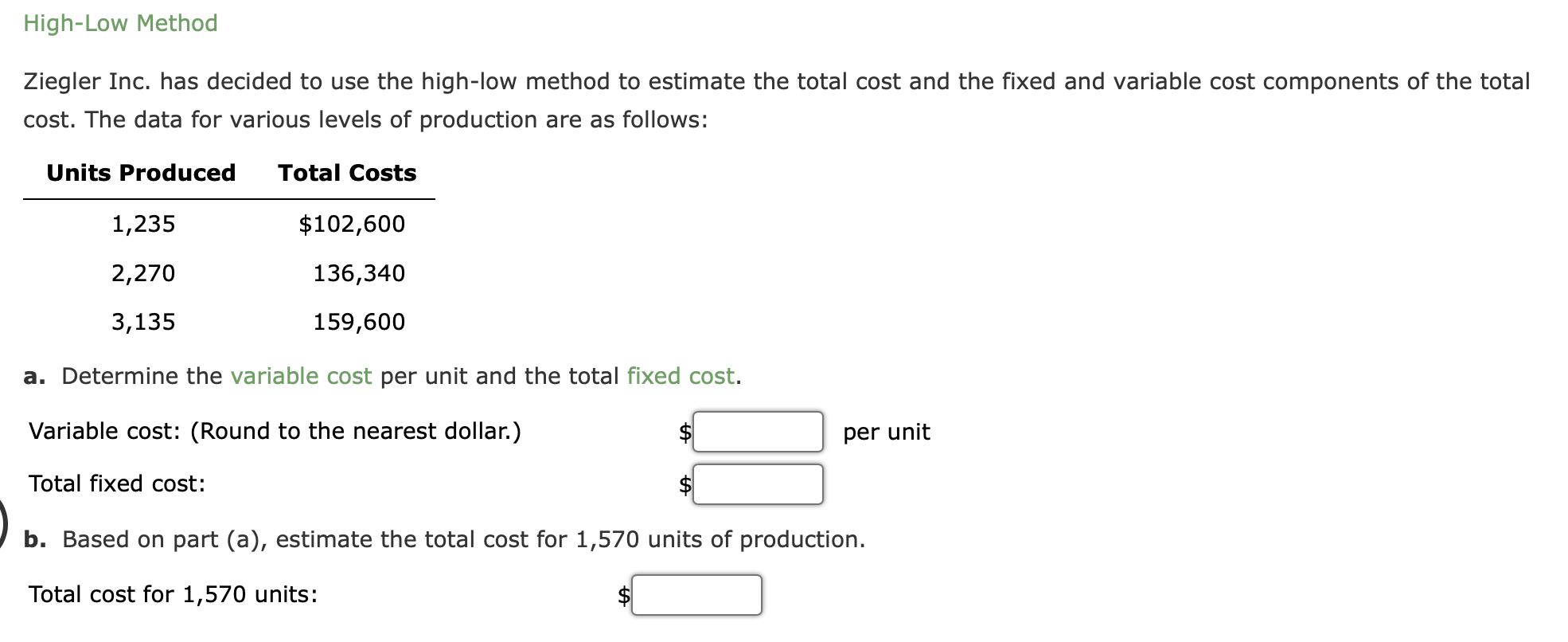 Solved HighLow Method Ziegler Inc. has decided to use the