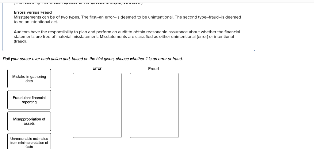 Solved Errors versus Fraud Misstatements can be of two