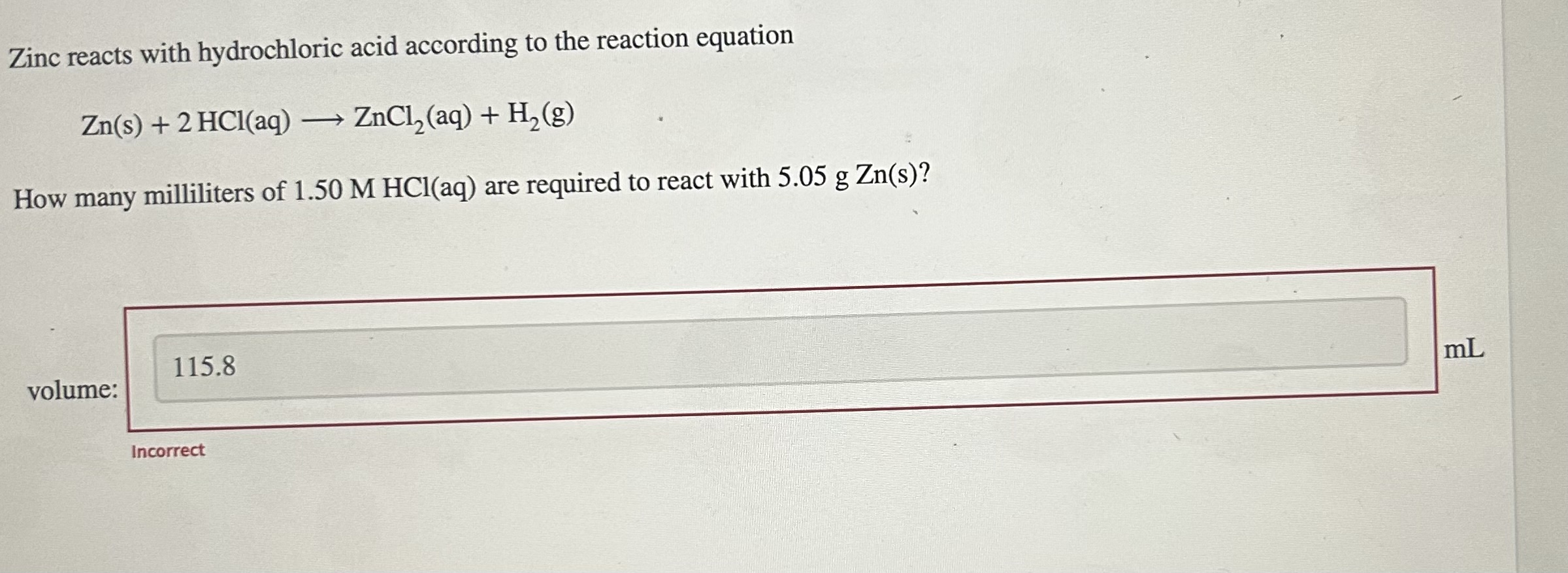 Solved Zinc reacts with hydrochloric acid according to the