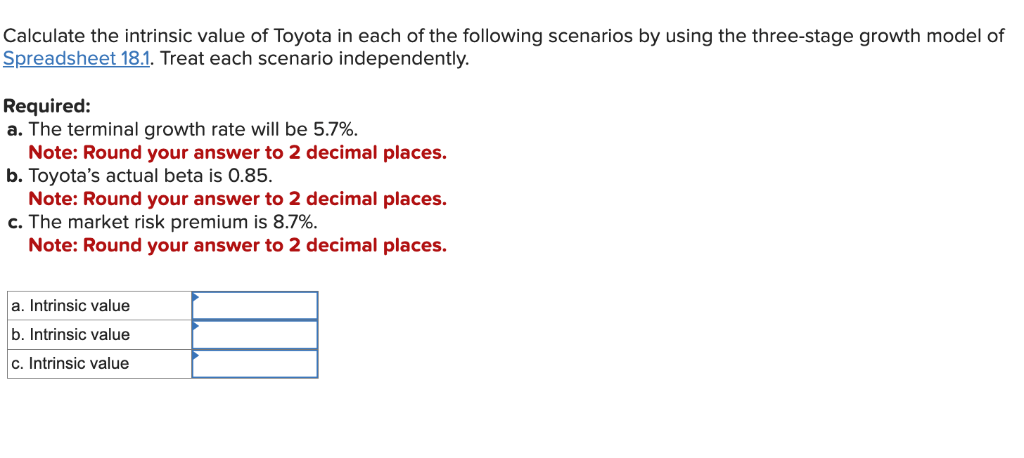 Solved Calculate the intrinsic value of Toyota in each of