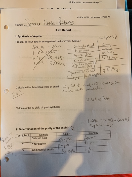 Solved Calculate Theoretical Yield Of Aspirin, Then Calcu...
