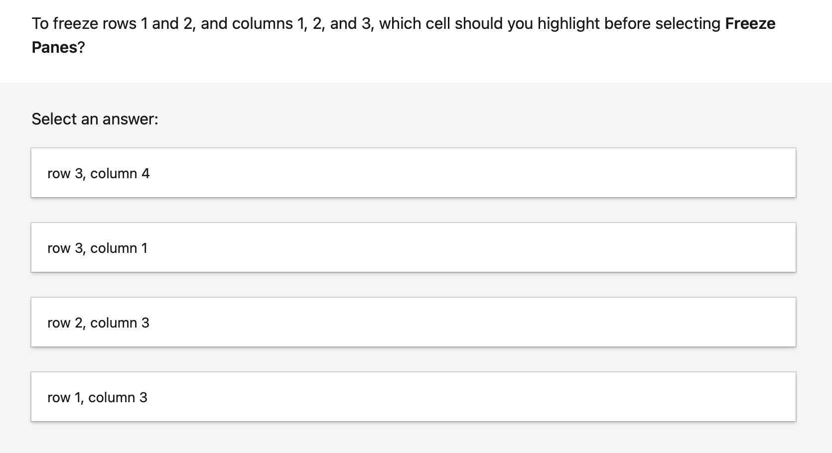 Solved To freeze rows 1 and 2 , and columns 1,2 , and 3 , | Chegg.com