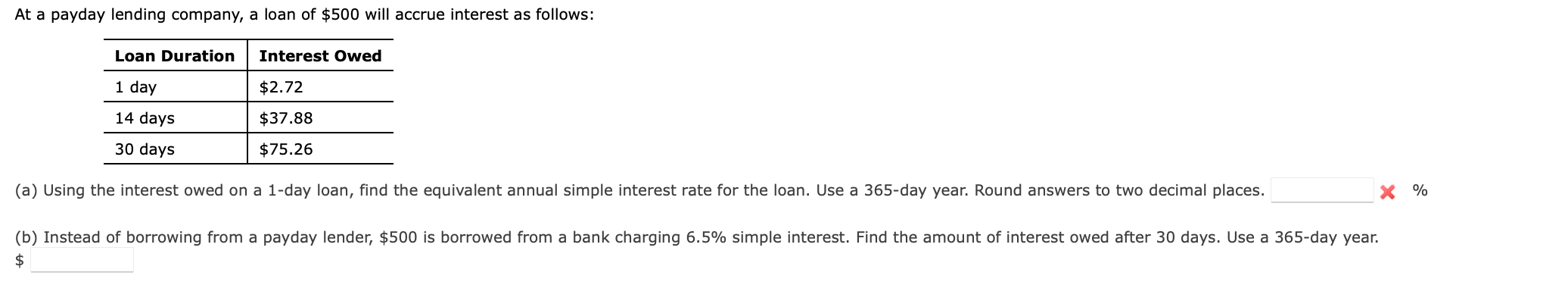 Solved At a payday lending company, a loan of $500 will | Chegg.com