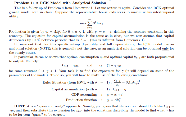 Problem 1: A RCK Model with Analytical Solution This | Chegg.com