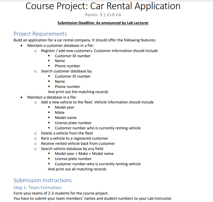 Solved Course Project Car Rental Application Points 5