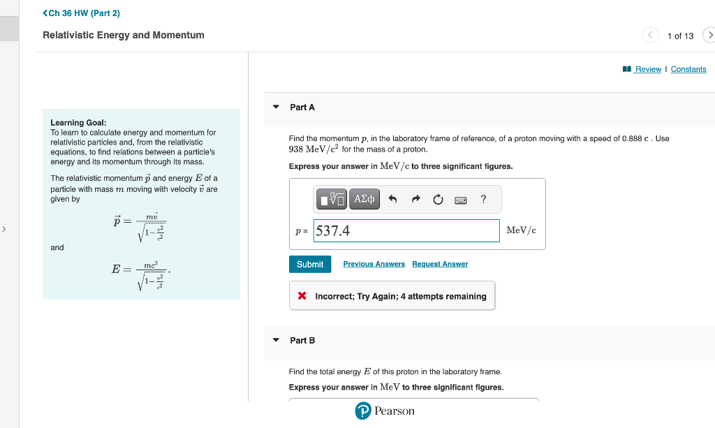Solved p, in the laboratory frame of reference, of a proton