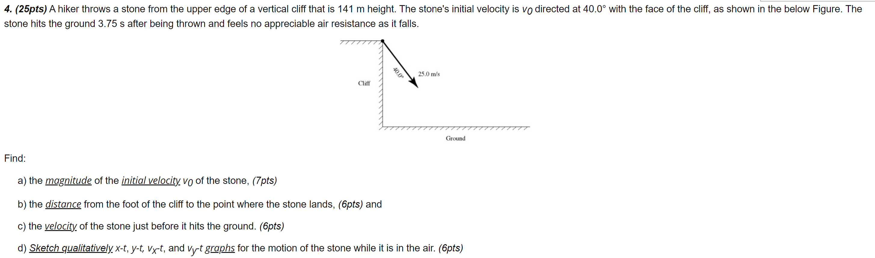 Solved 4. (25pts) A hiker throws a stone from the upper edge