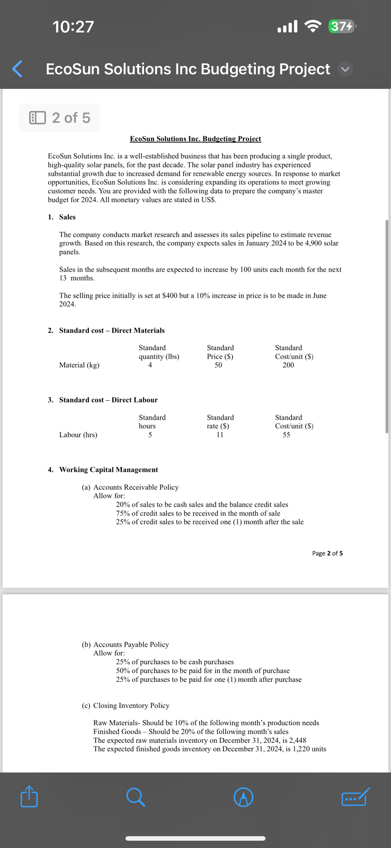 EcoSun Solutions Inc. Budgeting Project EcoSun