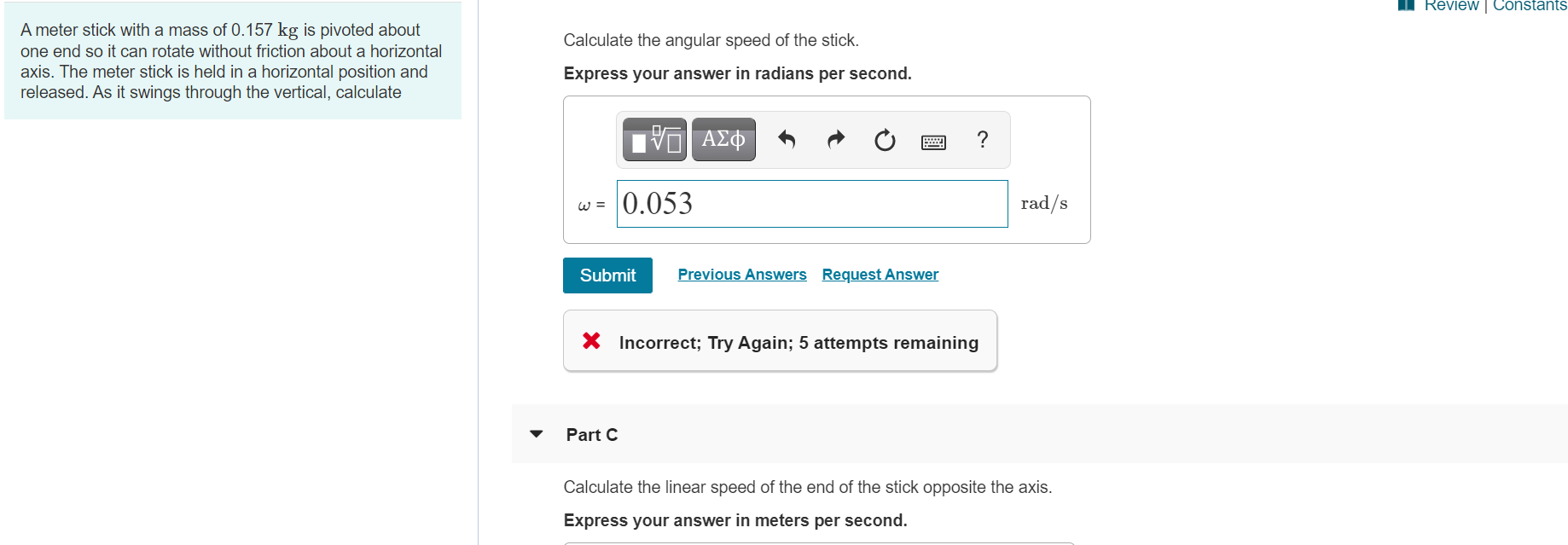 Solved A meter stick with a mass of 0.157 kgkg is