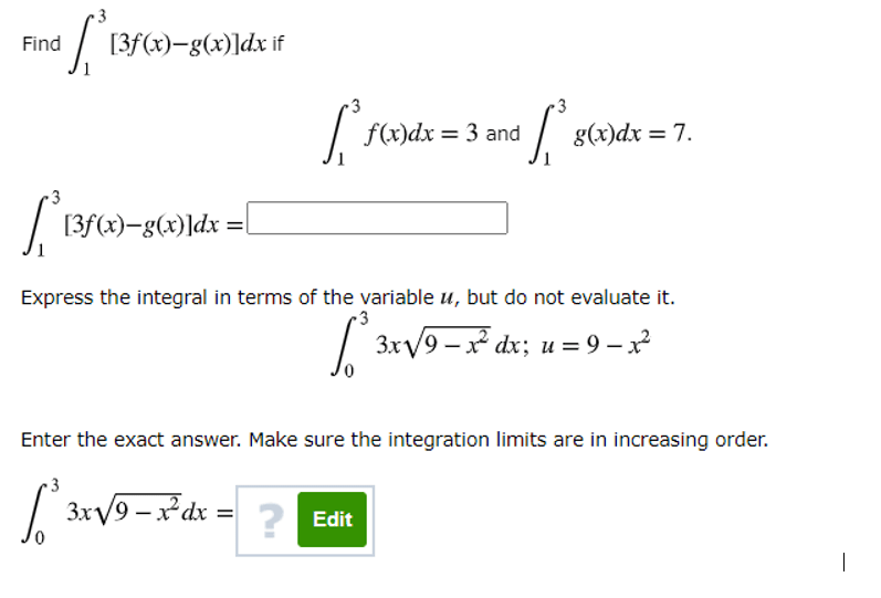 Solved 3 Find [3f(x)g(x)]dx if 3 3 f(x)dx = 3 and V g(x)dx