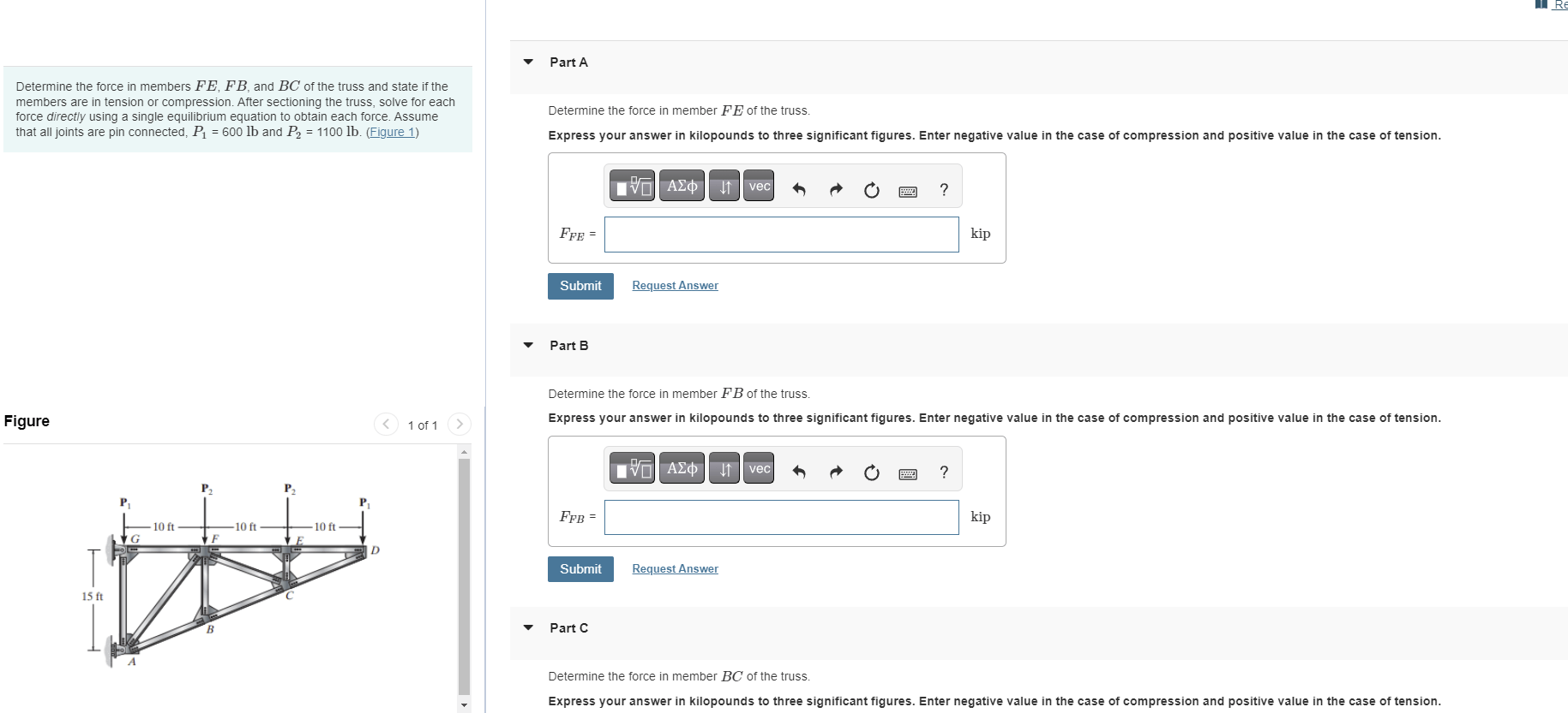 Solved Determine the force in members FE,FB, and BC of the