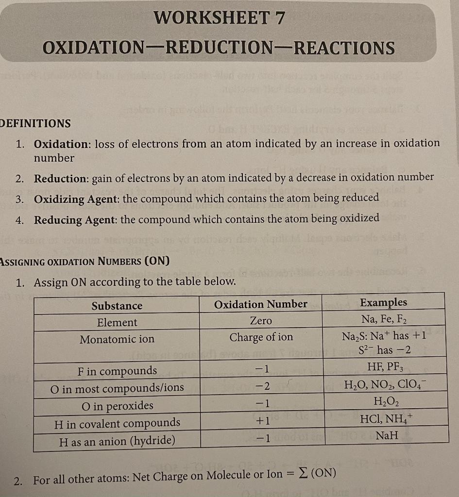 WORKSHEET 7 OXIDATIONREDUCTIONREACTIONS DEFINITIONS