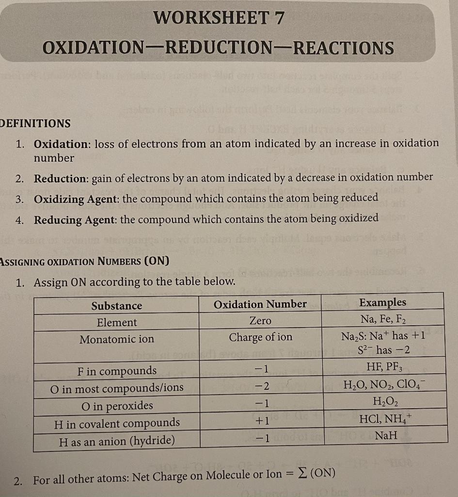 WORKSHEET 7 OXIDATION-REDUCTION-REACTIONS DEFINITIONS | Chegg.com