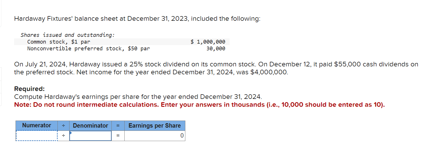 Solved Hardaway Fixtures' balance sheet at December 31,