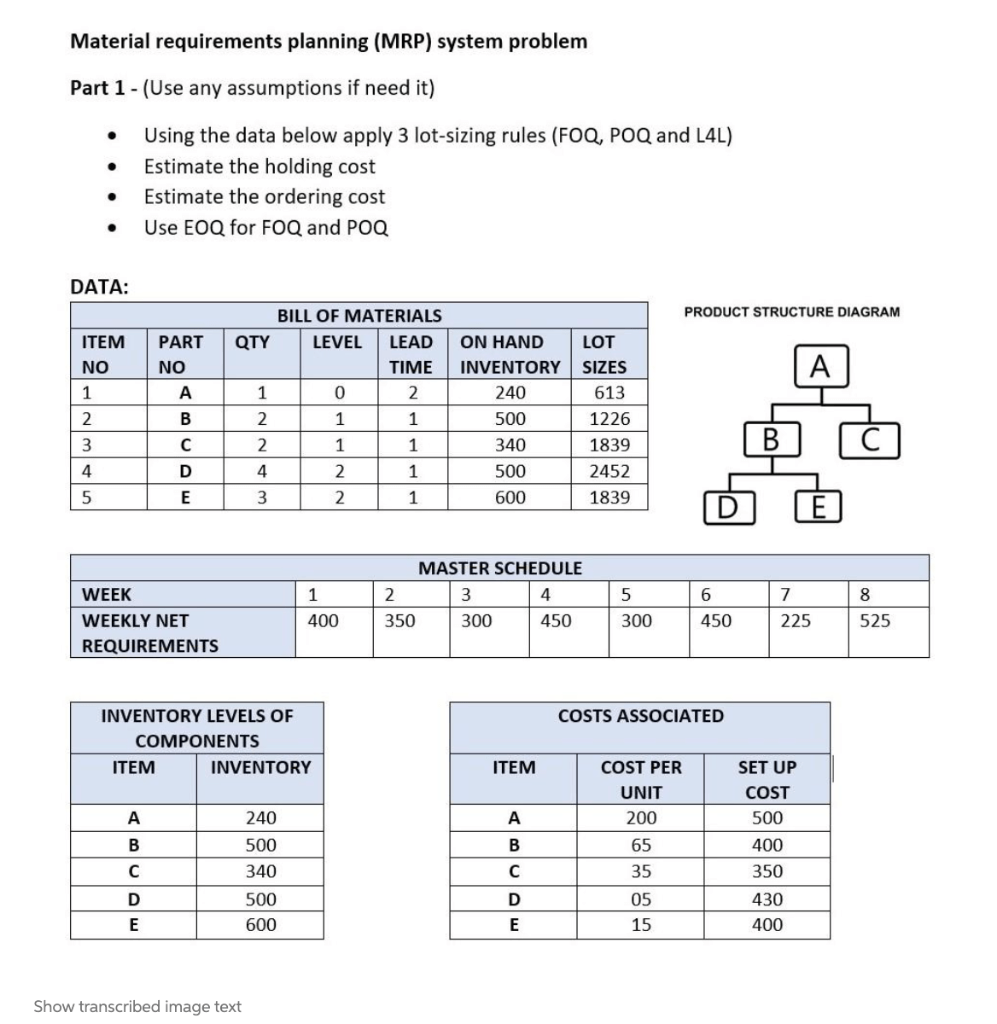 Apply 3 lotsizing rules (FOQ, POQ and L4L) to the