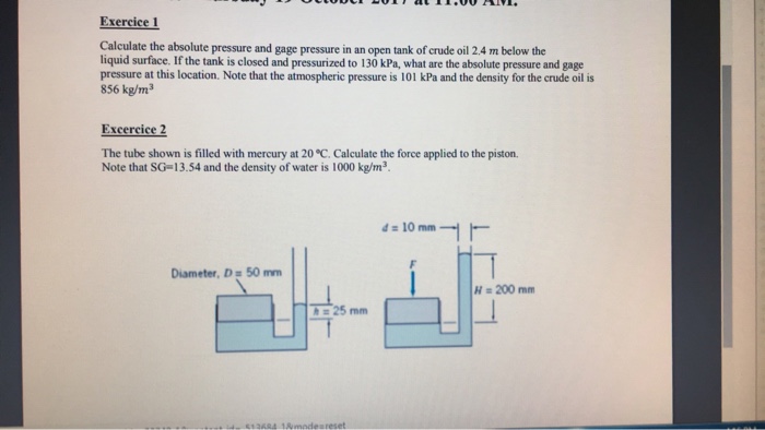 Solved Exercice 1 Calculate The Absolute Pressure And Gag...