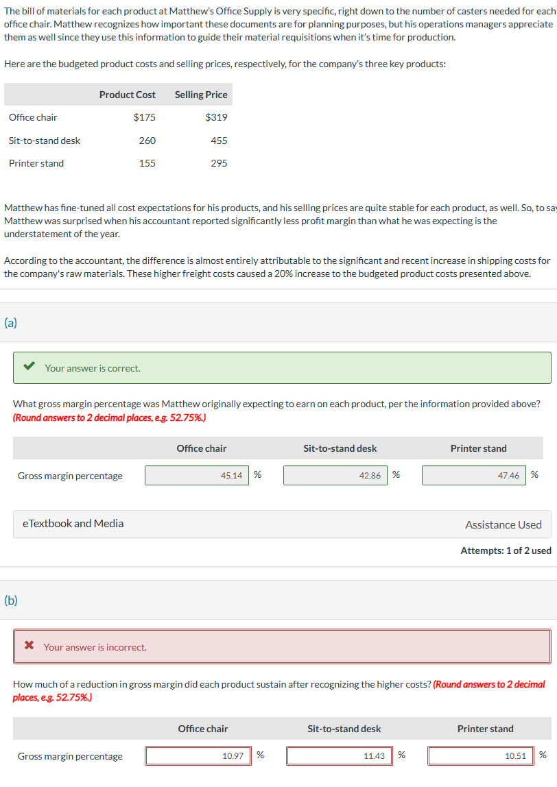 Solved The bill of materials for each product at Matthew's