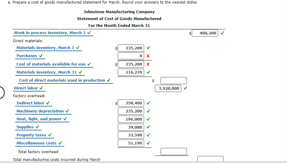 Solved Statement of cost of goods manufactured for a