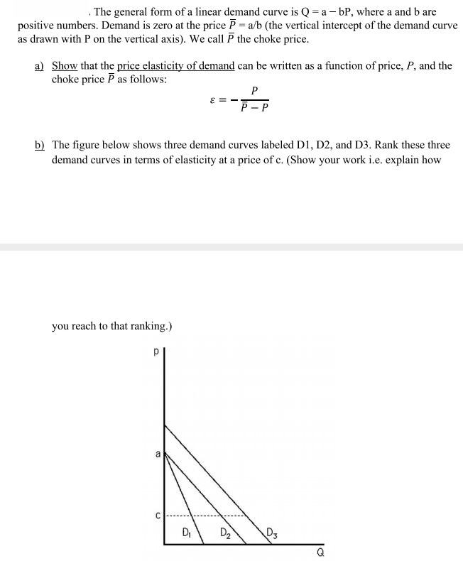 Solved The general form of a linear demand curve is Q = a