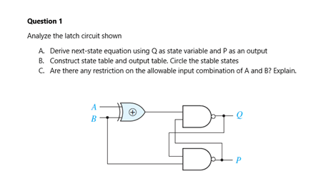 Solved Question 1 Analyze the latch circuit shown A. Derive | Chegg.com