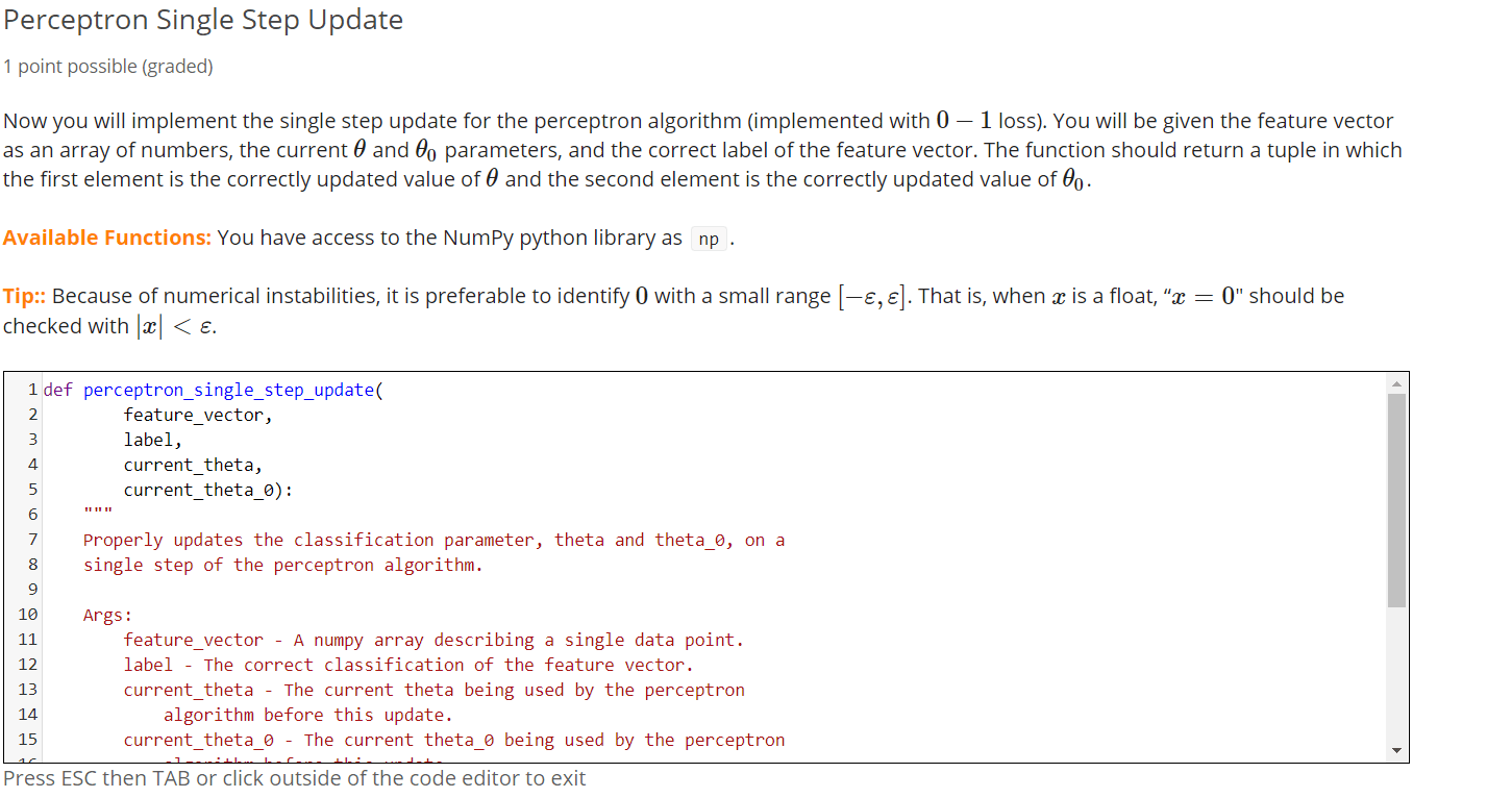 Perceptron Single Step Update 1 point possible
