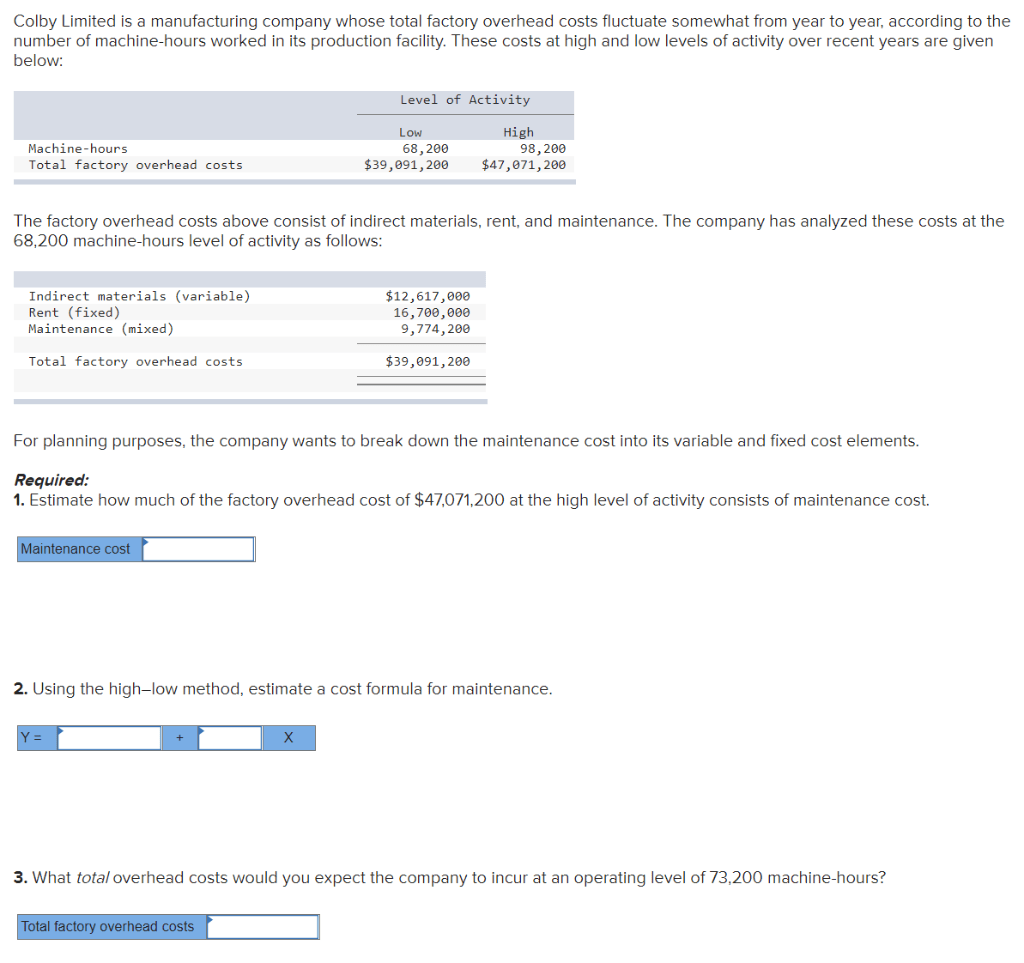 Solved Colby Limited is a manufacturing company whose total