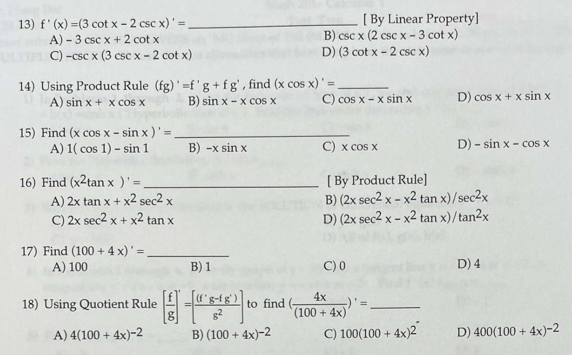 Solved 13) f'(x) =(3 cot x 2 csc x)' = A) 3 csc x + 2