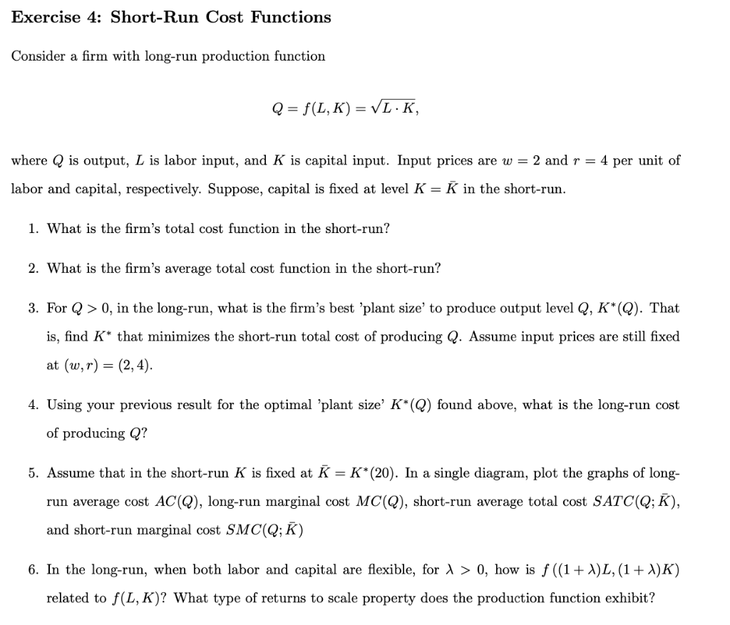 Solved Exercise 4: Short-Run Cost Functions Consider a firm | Chegg.com