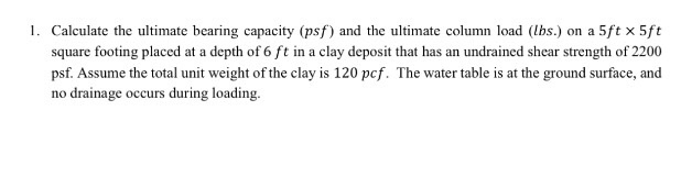 Solved Calculate The Ultimate Bearing Capacity (psf) And