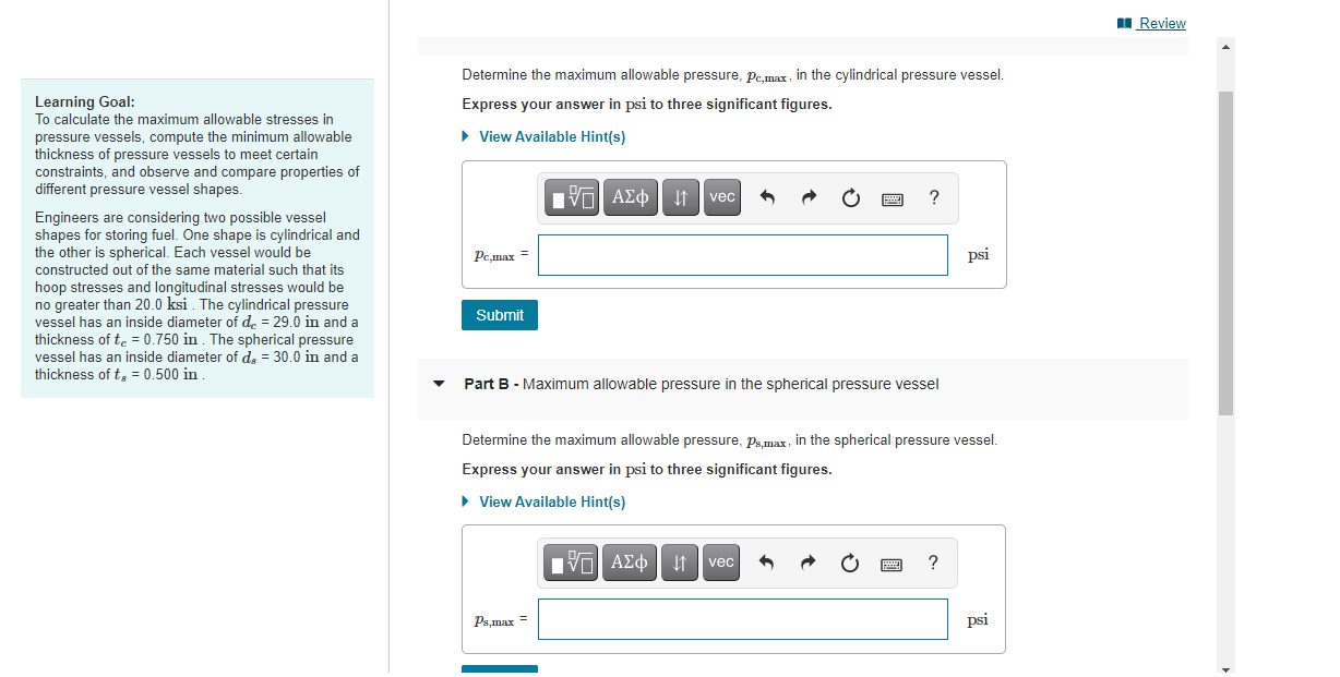 Solved u Review Determine the maximum allowable pressure,