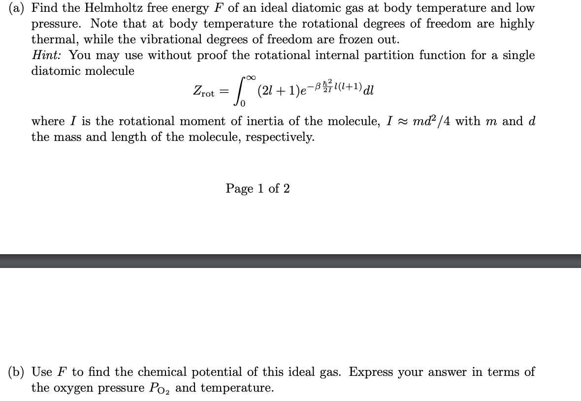 Solved (a) Find the Helmholtz free energy F of an ideal