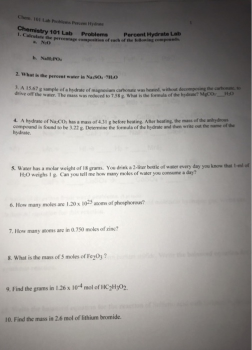 Solved Chem 101 Lab Problems Percent Hydrate Chemistry 10...