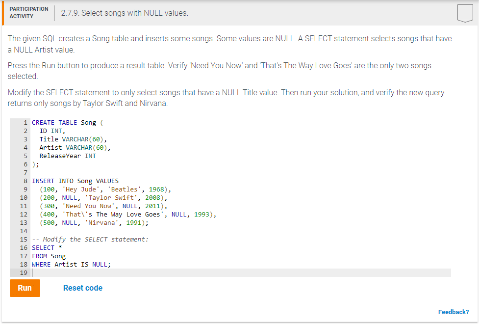 Solved The given SQL creates a Song table and inserts some