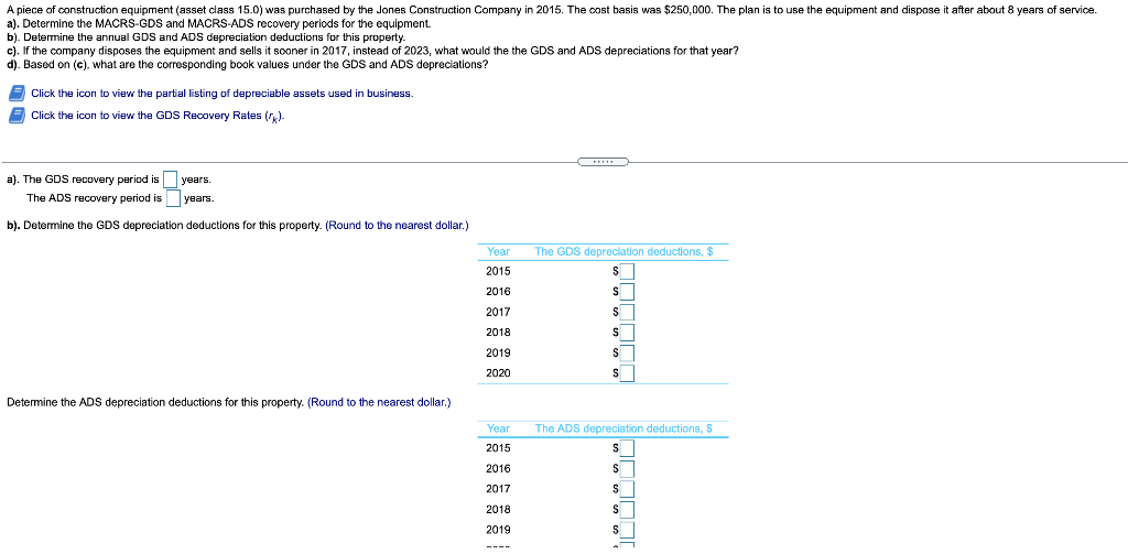 Solved A piece of construction equipment (asset class 15.0)